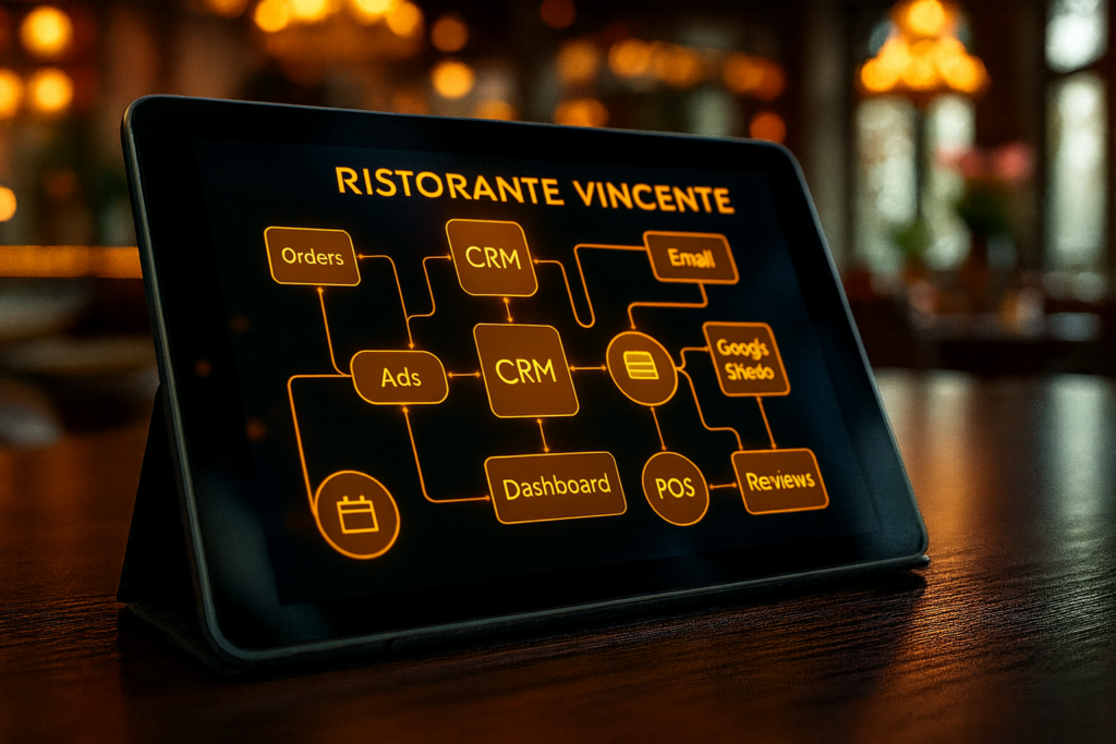 Schema del sistema Ristorante Vincente su tablet, con CRM e dashboard