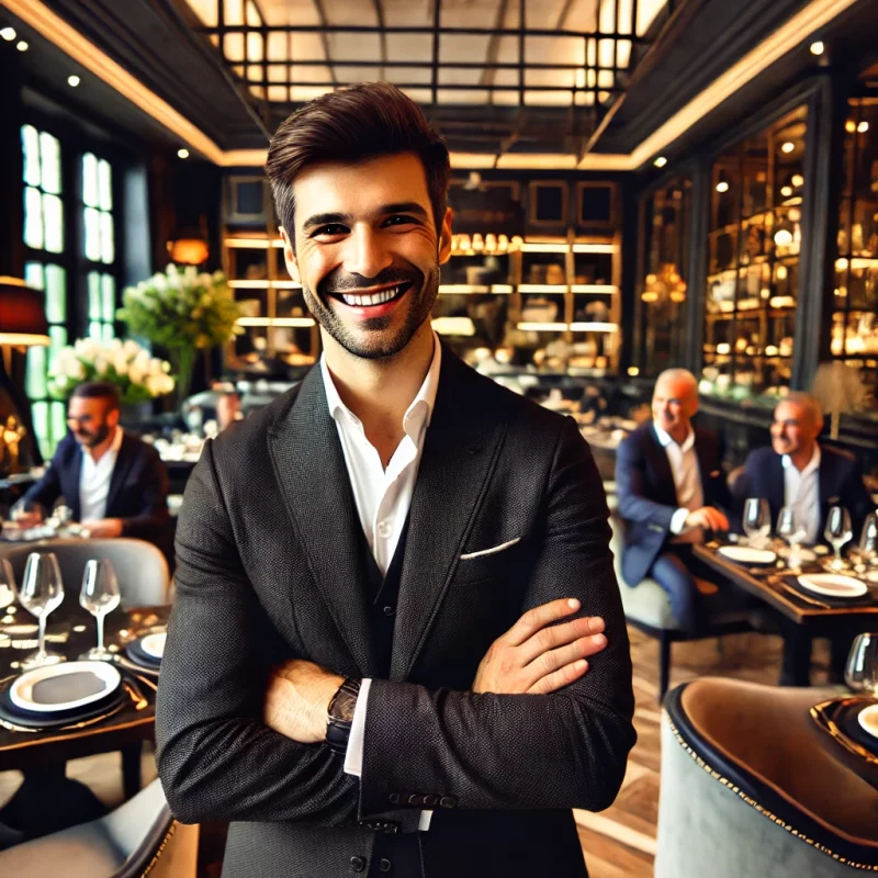 DALL·E 2024-09-23 16.30.47 - A happy, successful restaurant owner standing confidently inside an elegant restaurant. The owner is dressed in a formal outfit, perhaps a suit or sty