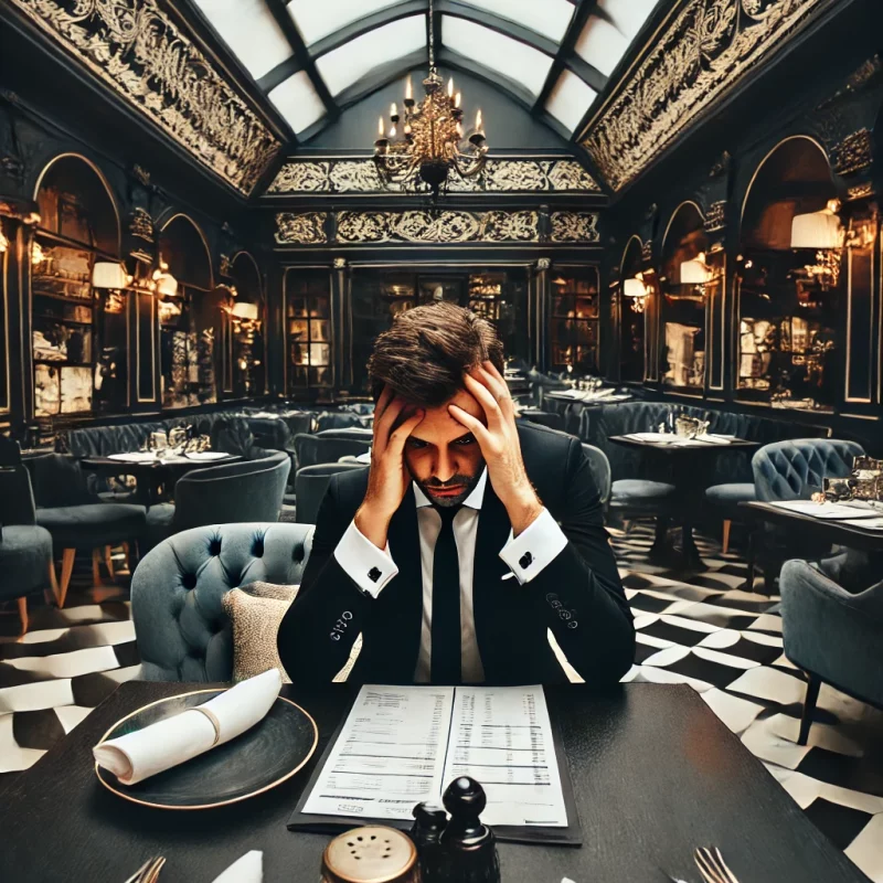 DALL·E 2024-09-23 16.31.53 - A deeply distressed restaurant owner in an elegant but empty restaurant. The owner appears extremely frustrated, holding his head in his hands, visibl