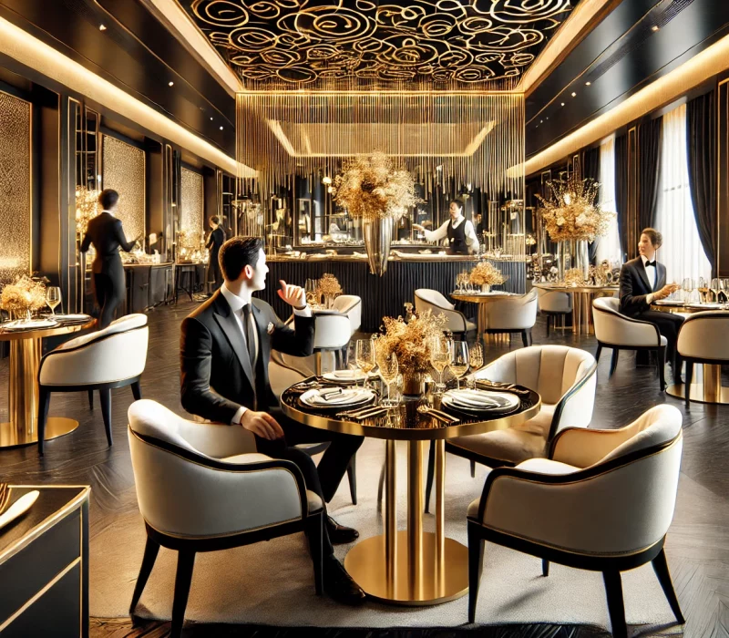 DALL·E 2024-09-23 16.33.20 - A sophisticated restaurant setting with elegant decor in black, white, and gold tones. The scene shows happy customers dining at tables with luxurious