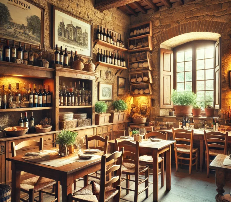 DALL·E 2024-09-23 16.45.29 - A traditional Tuscan osteria with a warm and rustic atmosphere. The scene features wooden tables and chairs, with earthy tones and stone walls. The de