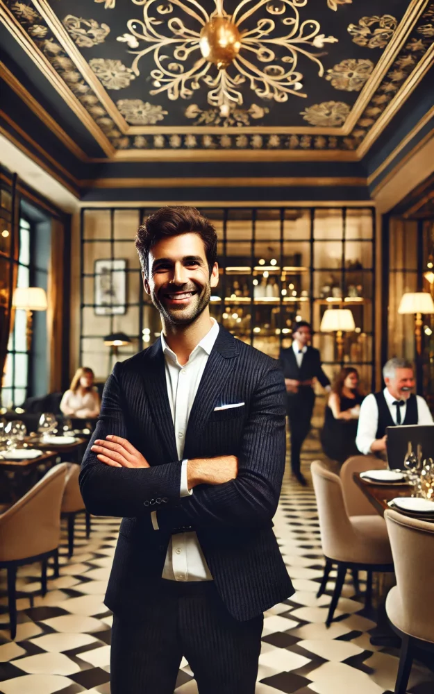 DALL·E 2024-09-23 16.46.19 - A happy, successful restaurant owner standing confidently inside an elegant restaurant. The owner is dressed in a formal outfit, perhaps a suit or sty
