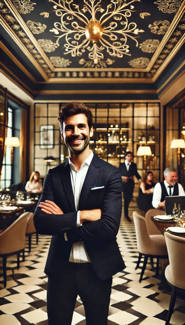 Illustrazione generata con IA: ristoratore sorridente in giacca nera nella sala del suo ristorante